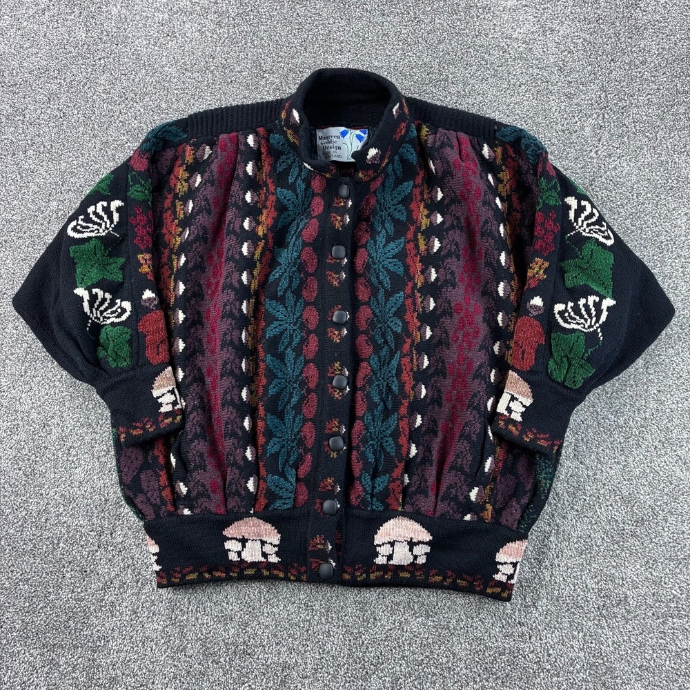 Vintage Maureen Goldie Cardigan Sweater Women's XL Striped Floral 100% Pure Wool